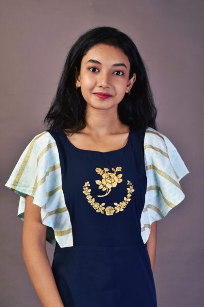 Navy Like - Navy Blue Slim Gown Hand painted Yoke
