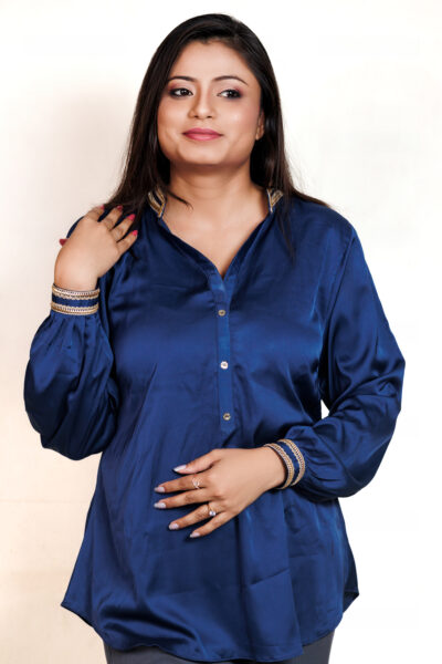 Satin Navy - Satin Laced Long Top in Navy Blue