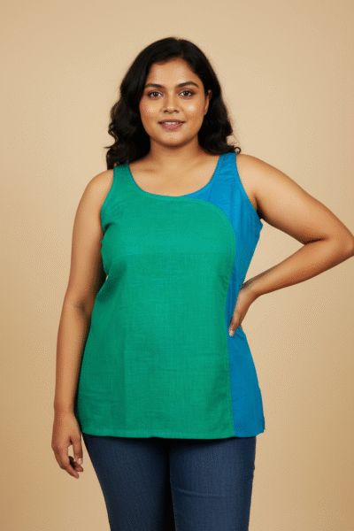 Ahana Blue - Sleeveless Colour-block Cotton Top