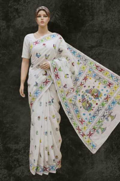 Bipashana  - Blended Silk Kantha Stitch Saree in White