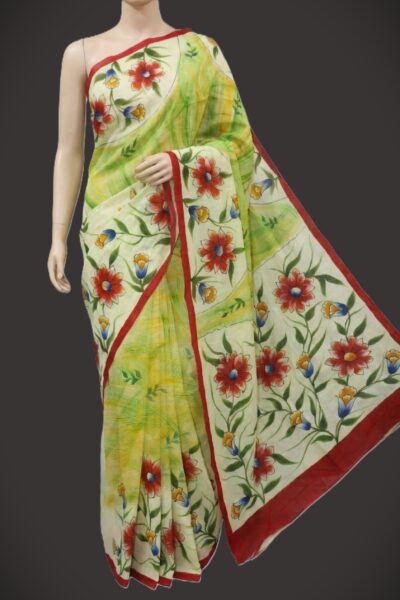 Hema - Mulmul Cotton Saree in Green