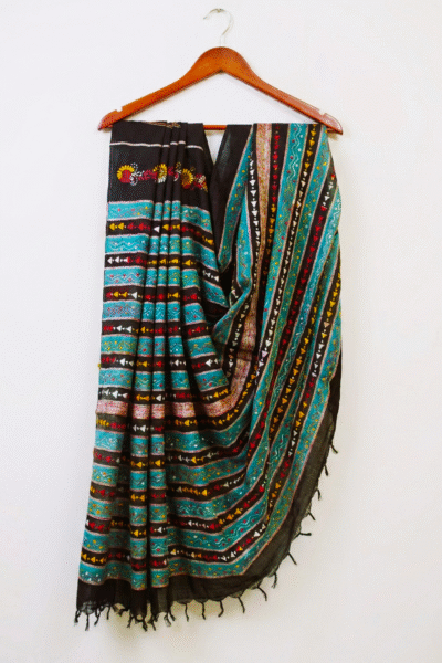 Korobi - Cotton Kantha Stitch Saree in Black