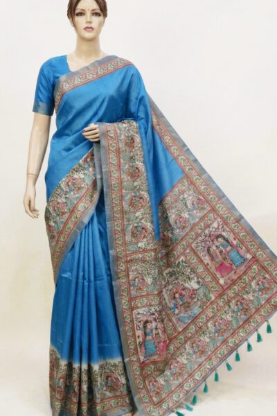 Malika - Madhubani print Blended Silk Saree In Blue
