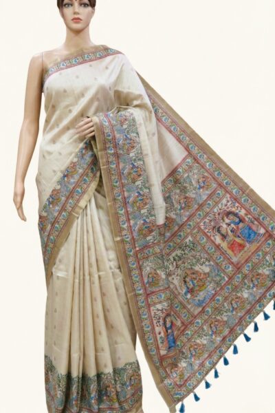 Malini - Madhubani print Blended Silk Saree In Off-white