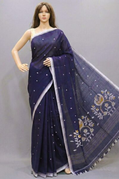 Pujarini   - Pure Handloom Cotton Saree in Navy Blue