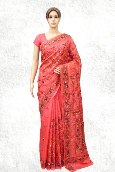 Sutradhara  - Blended Silk Kantha Stitch Saree in Peach