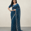 Angana - Stone-Studded Chiffon Saree in Teal Blue