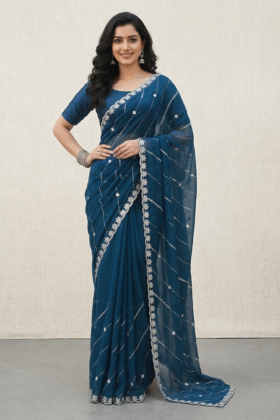 Angana - Stone-Studded Chiffon Saree in Teal Blue