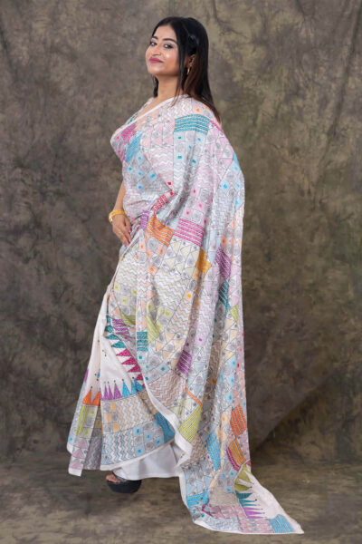 Bidipta - Kantha Stitch Saree in White