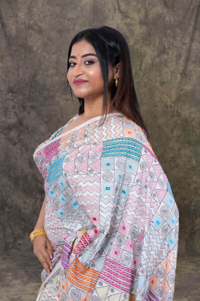Bidipta - Kantha Stitch Saree in White