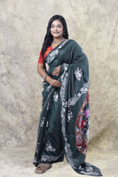 Keya - Kantha Stitch Saree in Bottle Green
