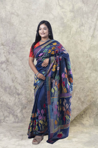 Kusumika - Kantha Stitch Saree in Navy Blue