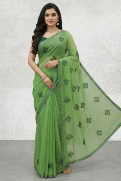 Riha - Stone-Studded Chiffon Saree in Green