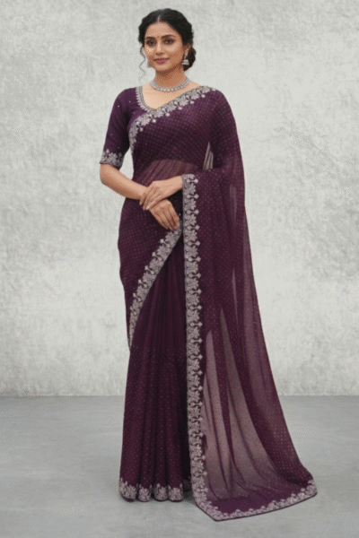 Suva - Stone-Studded Chiffon Saree in Purple