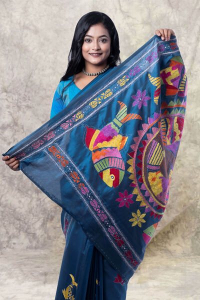 Anuradha - Kantha Stitch Saree in Teal Blue