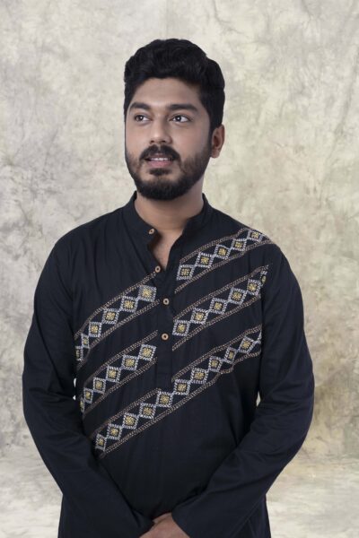 Kantha Black - Men's Hand-embroideried Cotton Long Kurta