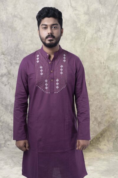 Kantha Mauve - Men's Hand-embroideried Cotton Long Kurta