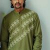Kantha Olive - Men's Hand-embroideried Cotton Long Kurta