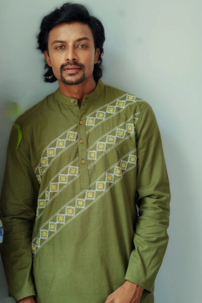 Kantha Olive - Men's Hand-embroideried Cotton Long Kurta