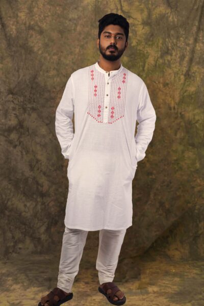 Kantha White - Men's Hand-embroideried Cotton Long Kurta