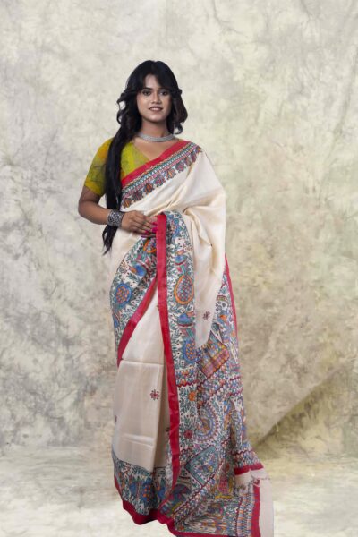 Madhubani Beige - Hand-painted Pure Silk Saree