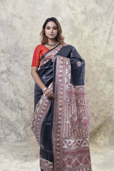 Madhubani Black - Hand-painted Pure Silk Saree