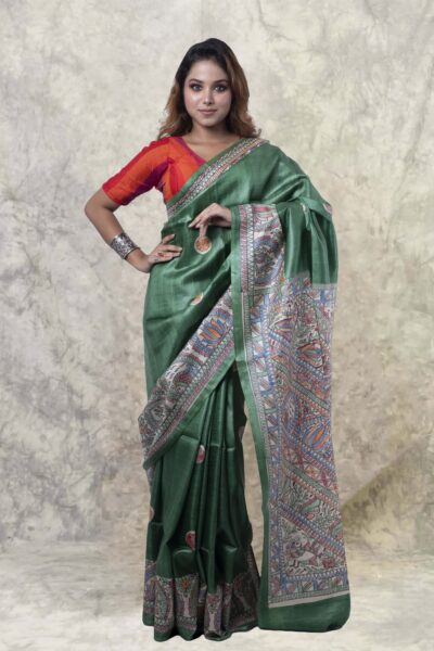Madhubani Green - Hand-painted Pure Silk Saree