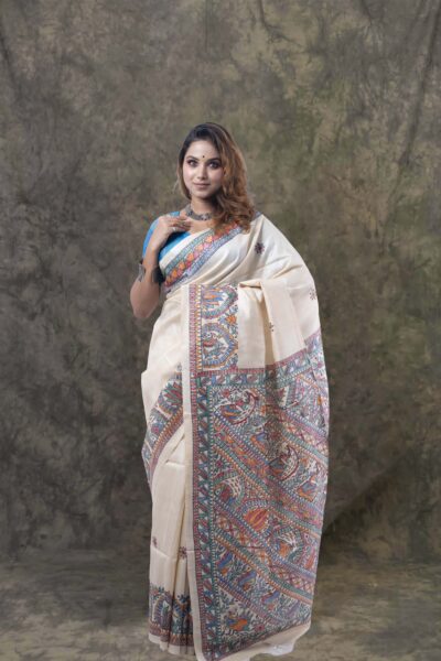 Madhubani Pearl - Hand-painted Pure Silk Saree