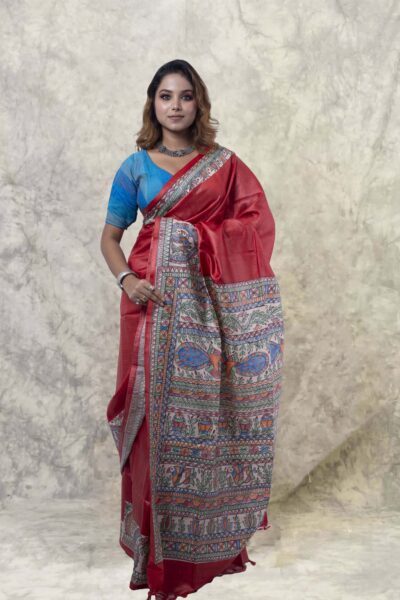 Madhubani Red - Hand-painted Pure Silk Saree